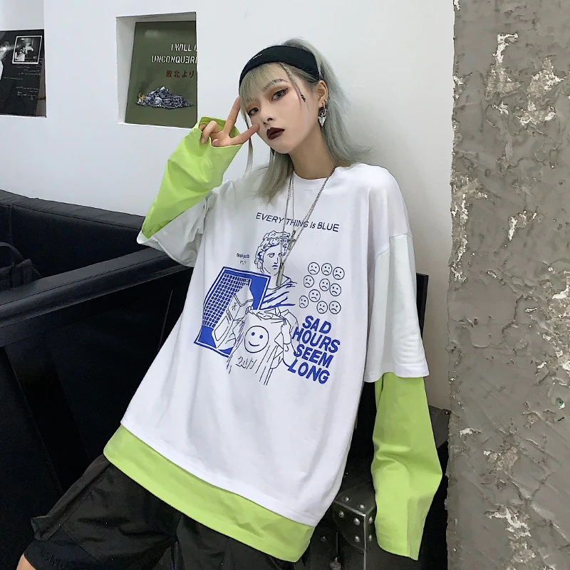 Топ женский с круглым вырезом длинным рукавом и принтом|Футболки| |