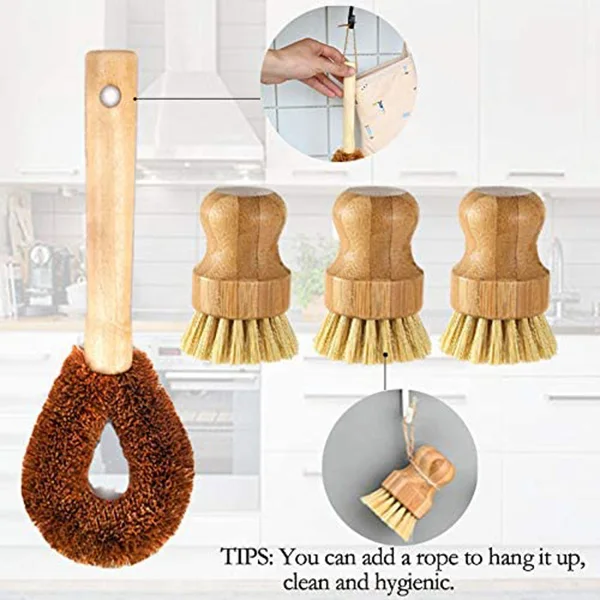 

4 Pcs Bamboo Dish Scrub Brush Set,3 Round Dish Brushes and 1 Long Handle Pot Brush for Pan Dish Utensils Bowl Cleaning