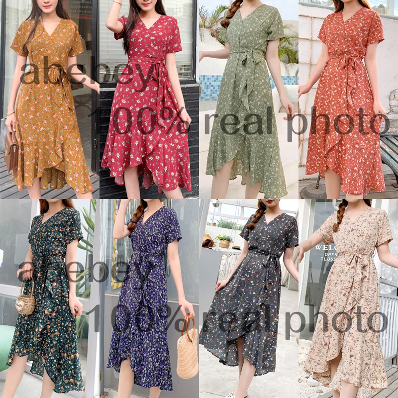 Boho Vintage 2022 floral print ruffles V Neck bandage long chiffon Dress summer Party Women beach holiday irregular tunic dress | Женская