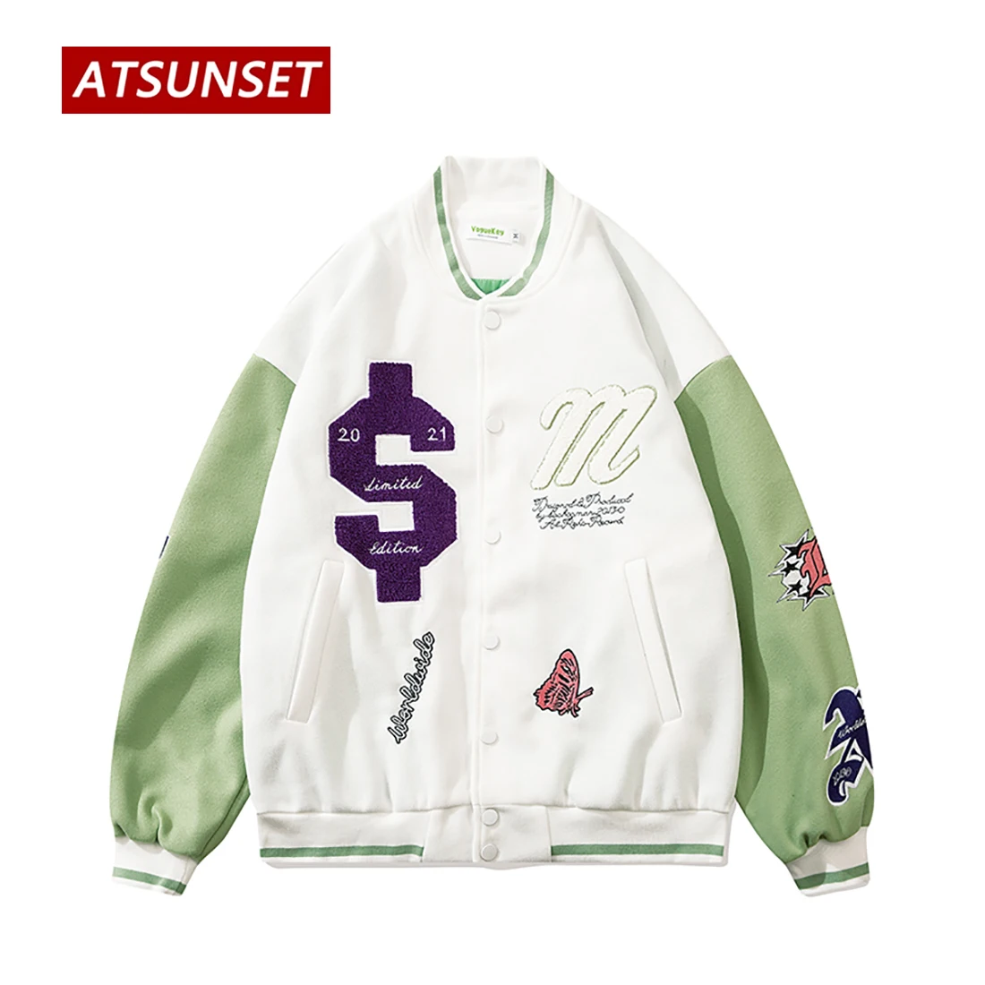 ATSUNSET Dollar Coconut Elements Hip Hop Baseball Jacket Harajuku Retro Varsity Jacket Fashion Streetwear Cotton Jacket Coat