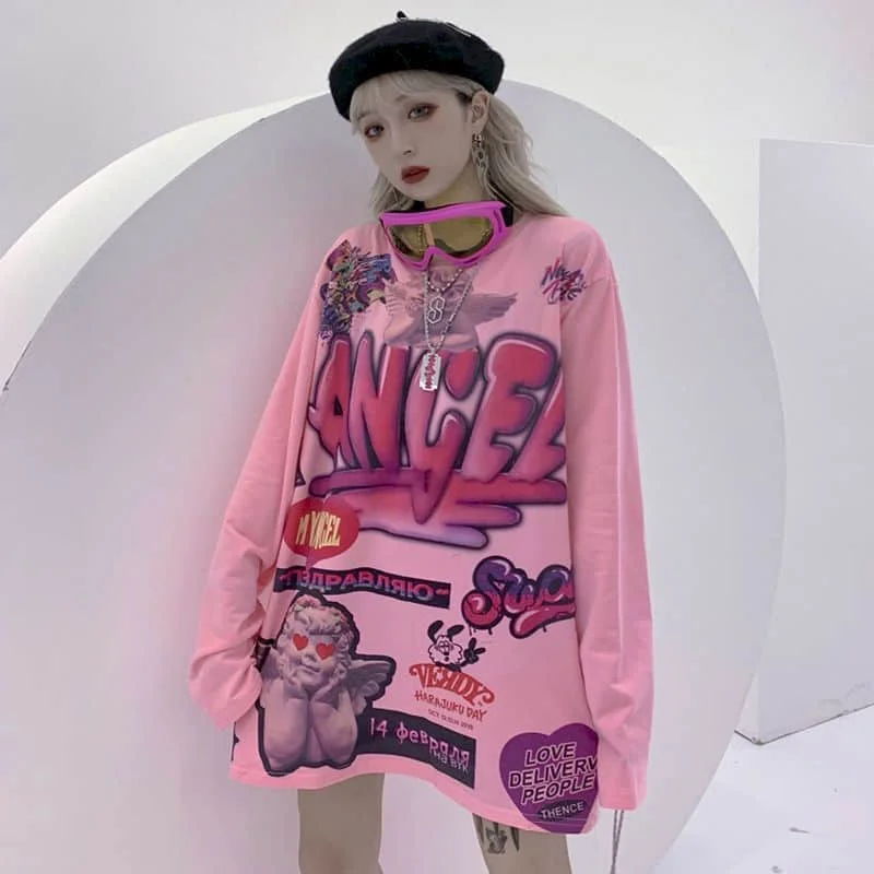 Футболка с длинными рукавами и принтом граффити из мультфильмов Ранняя осень