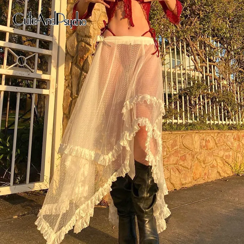 

Прозрачная сетчатая юбка Fairycore 90-х Асимметричная однотонная белая кружевная Лоскутная Ткань Ретро гранж эстетические юбки cuteandпсихоз