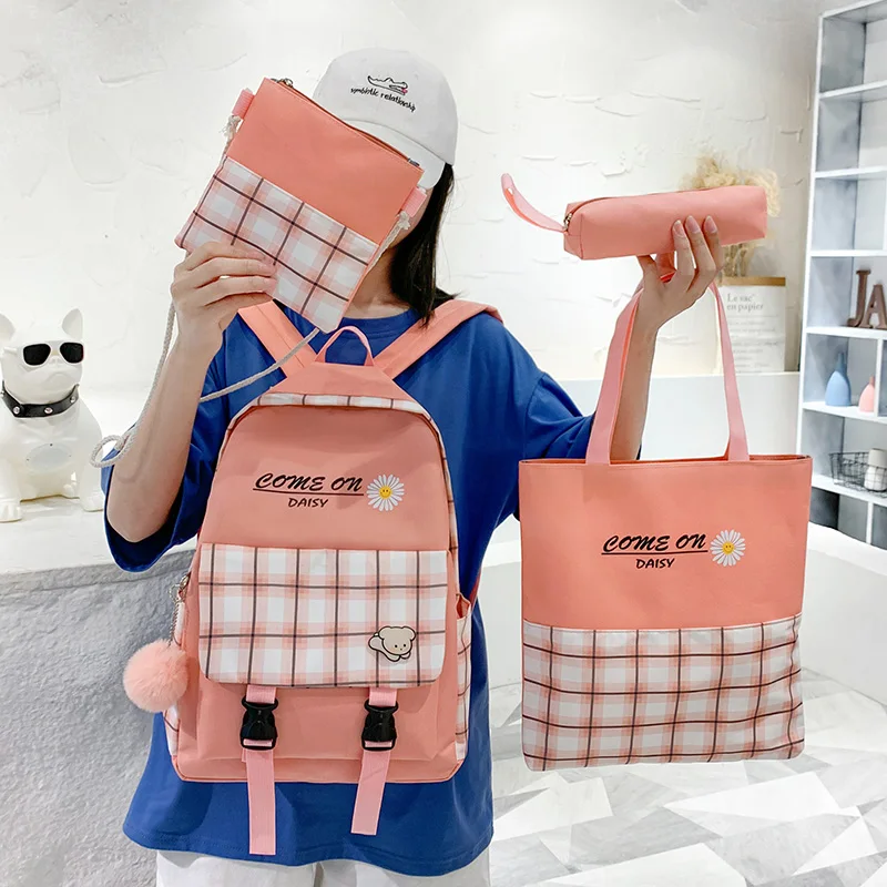 

4 piece bags for women 2020 school bag Canvas Plaid Female Student Backpack school bags for teenage girls backpack women