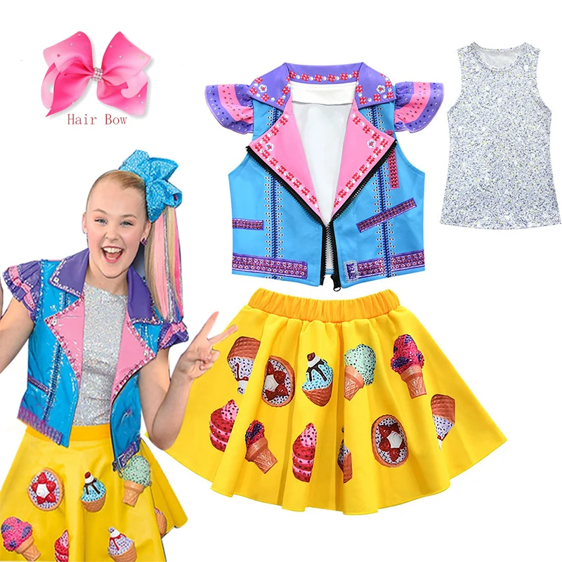 

JoJo Siwa Baby Girls Sets Clothes Sleeveless Coat + Vest Tops + Skirt+hair bow 4pcs Party Cosplay Costume Casual kids clothes