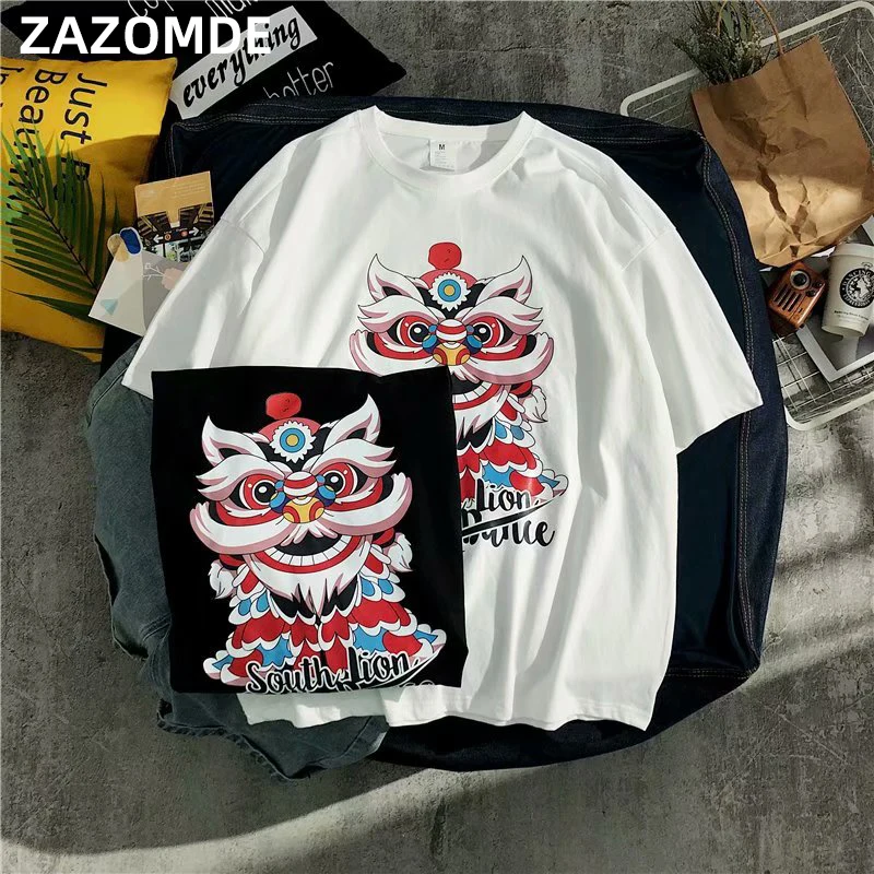 

ZAZOMDE Cotton Tshirt For Men Summer T Shirt Casual O-neck Tee Chinese style Lion print Tshirts Fashion Tees Trendy half Sleeve