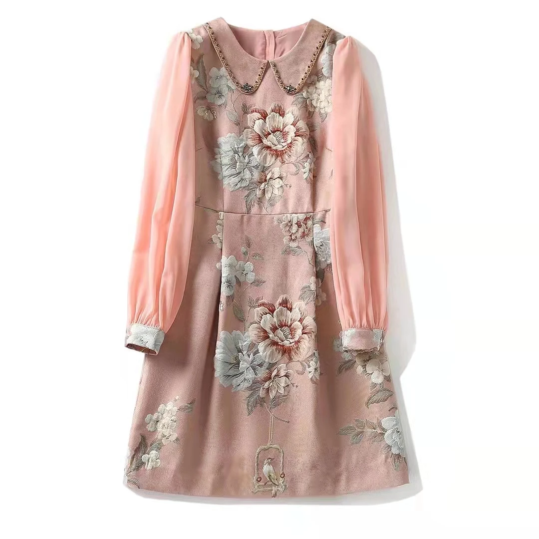 European and American women's clothing winter 2022 new Long sleeve beaded baby collar Fashionable floral jacquard print dress