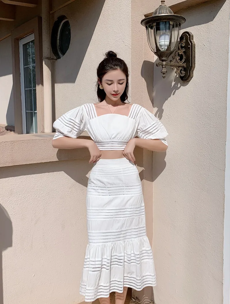 Ladies Holiday Beach White Suit Runway Women Lantern sleeve Hollow Out Crop Tops+Bodycon Bowknot Mermaid Long Skirts 2 Piece set |