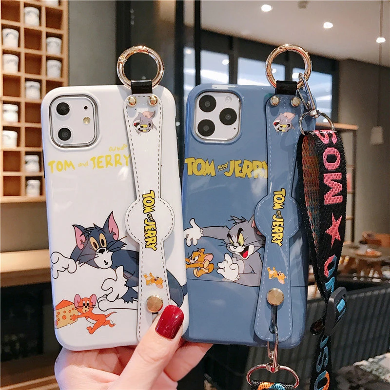 Мягкий чехол с мультяшным рисунком для iPhone 11 Pro Max XS, XR, X, 8, 7, 6, 6S Plus, ремешок на запястье, TPU чехол, держатель, кольцо, ремешок, кот, Том, Джерри, Япония, Корея