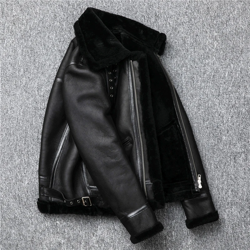 

Men 2020 Black American Style B3 Pilot Leather Jacket Plus Size XXXXL Genuine Thick Winter Natural Shearling Coat FREE SHIPPING