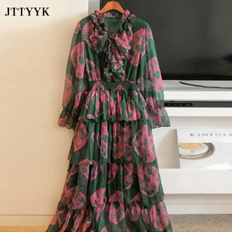 

Elegant Chiffon Dresses Summer Women 2021 Print Long Sleeve Cake Ruffle Dresses For Ladies Long Beach Dress V-neck Sundress
