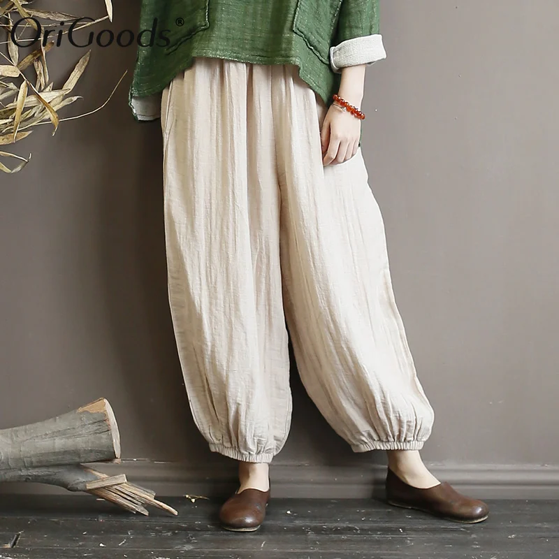 Оригинальные брюки женские хлопковые льняные с эластичным поясом свободные