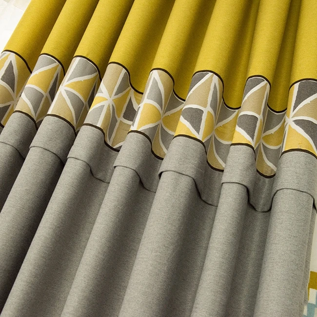 

Fashion Blackout Window Curtains for Living Room Modern Yellow Splice Grey Twill Drapes Geometric Wave Embroidered Tulle
