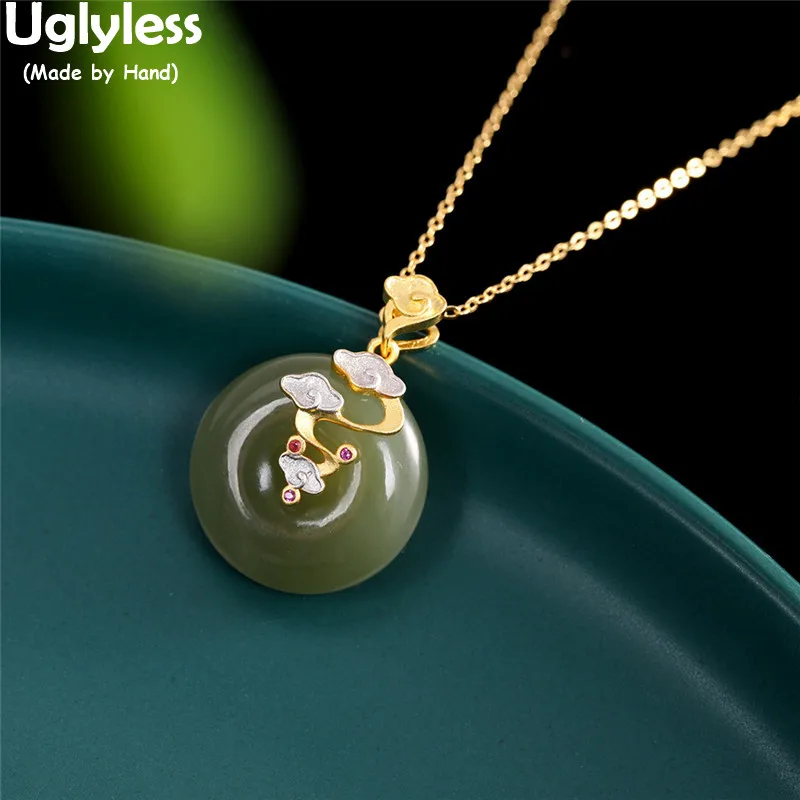 

Uglyless Real 925 Silver Lucky Clouds Necklaces for Women Natural Jade Peace Buttons Pendants NO Chains 925 Silver Retro Jewelry