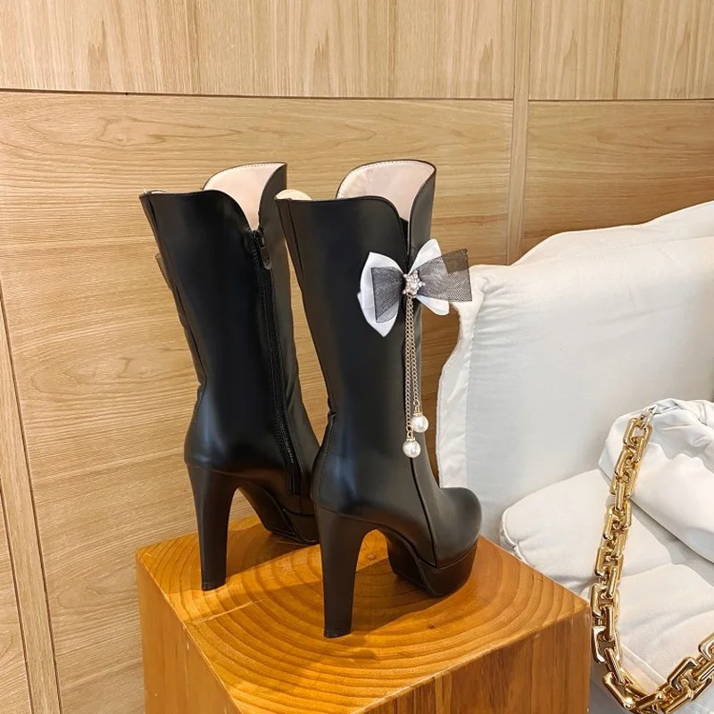 FXYCMMCQ Size 34-43 Bowknot High Heel Boots Waterproof Platform Korean Women's Shoes A-28