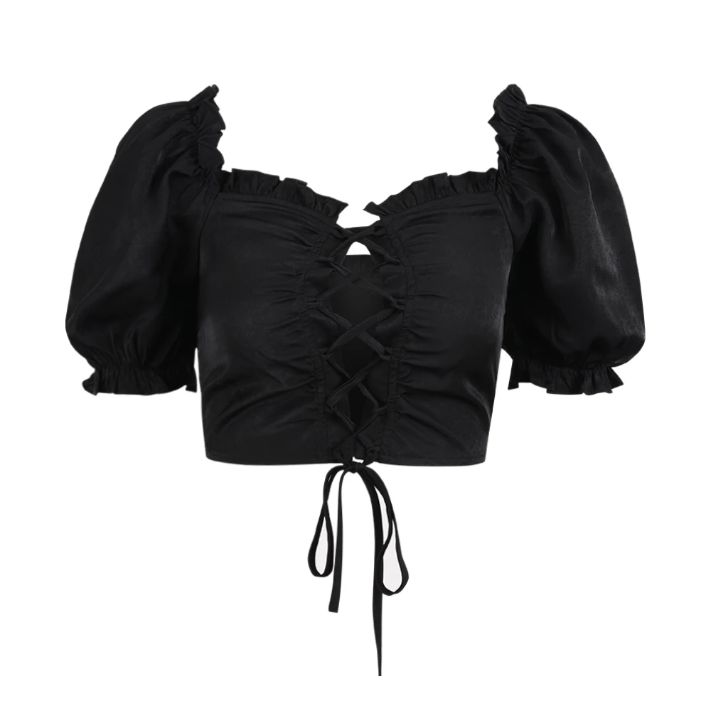 

Sexy Hollow Out Bandage Blouse Ladies Puff Sleeve Black Tops Women Blouse Top Ruffle Trim Square Neck Short Sleeve Crop Top D30