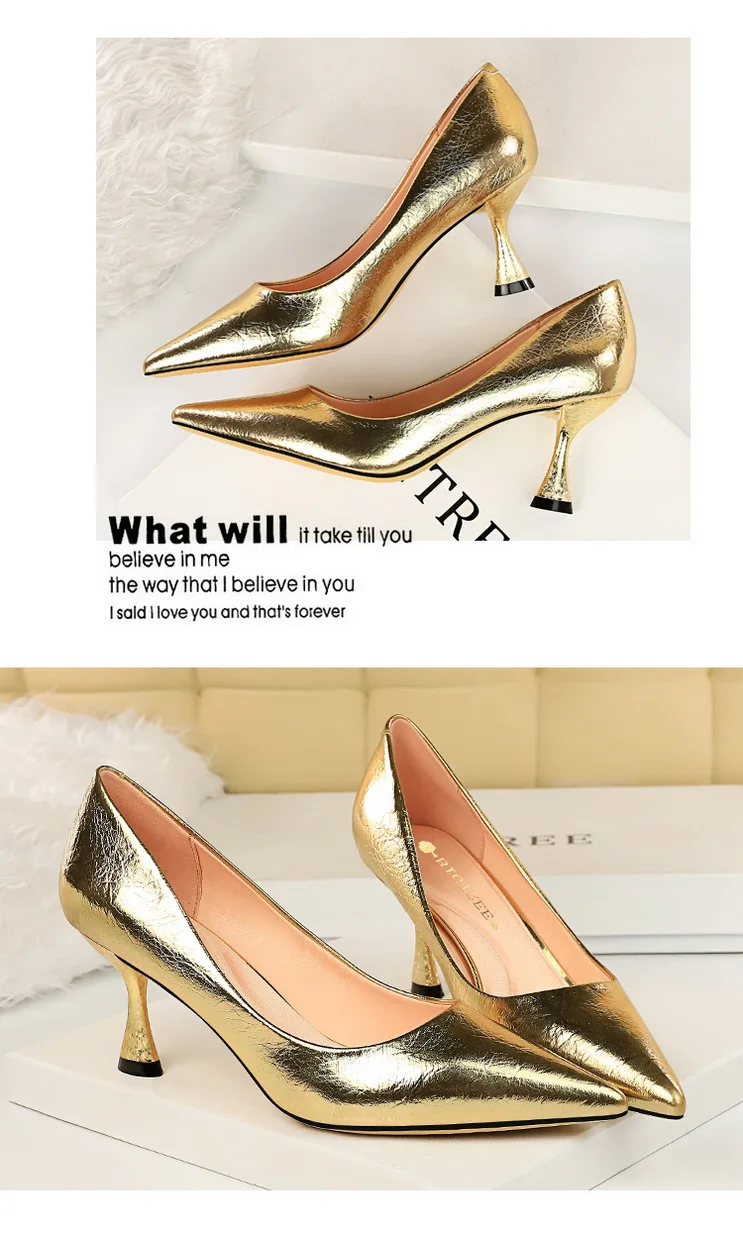 New Women Pumps High Thin Heel Metal Pointed Toe Shallow Sexy Ladies Bridal Wedding Women Shoes Gold High Heel Female Pumps