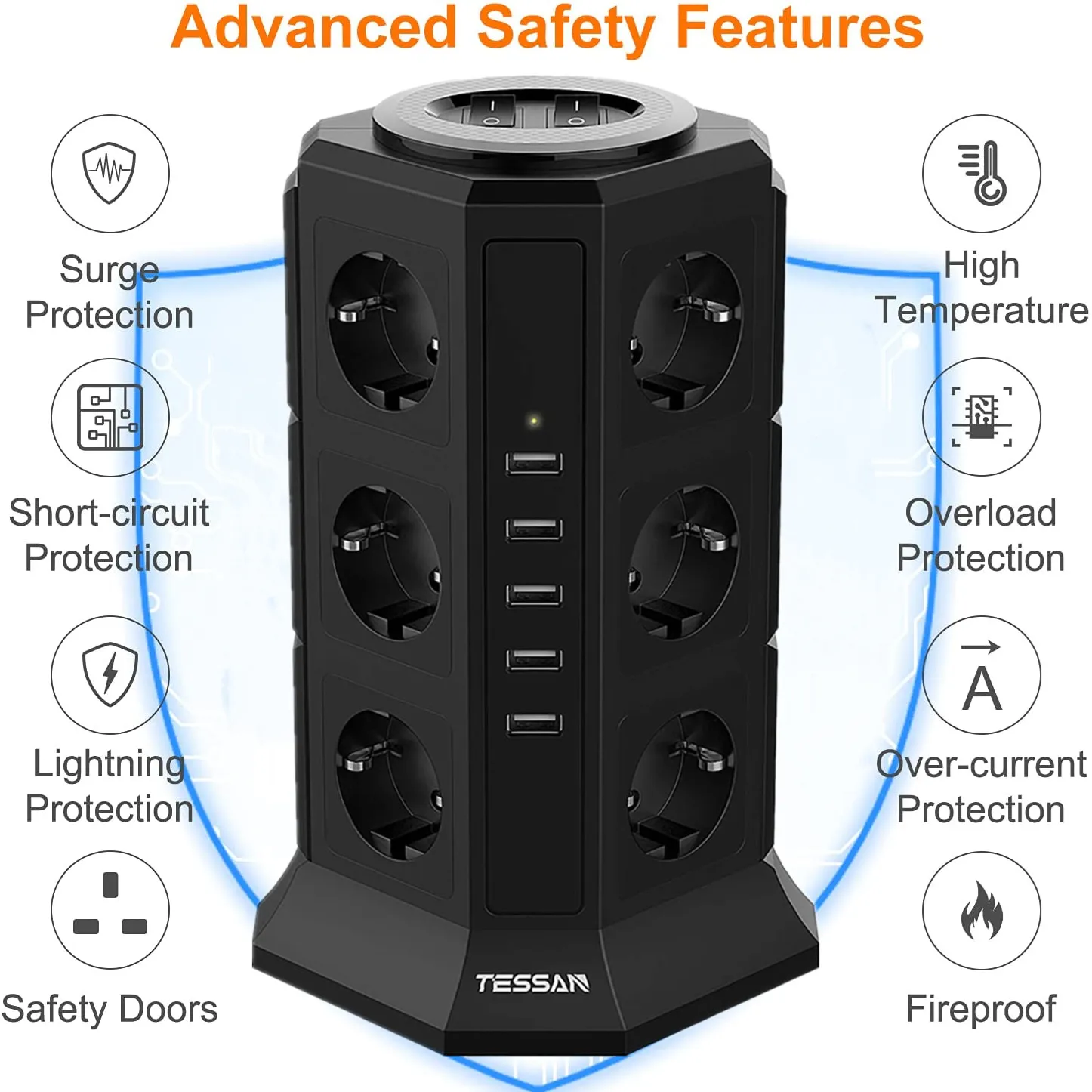 

Tower Power Strip Vertical Outlets EU Electric Plug Sockets USB Ports Switch Overload Surge Protection 2m/6.5ft Extension Cord