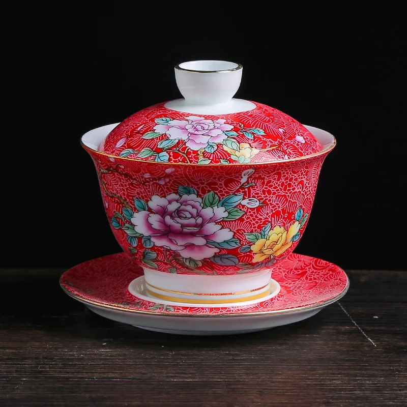 Red Керамическая эмалированная цветная чайная чаша Gaiwan в китайском стиле Sancai, набор чайных чашек и блюдца, 150 мл, бытовой чайник - Цвет: Red