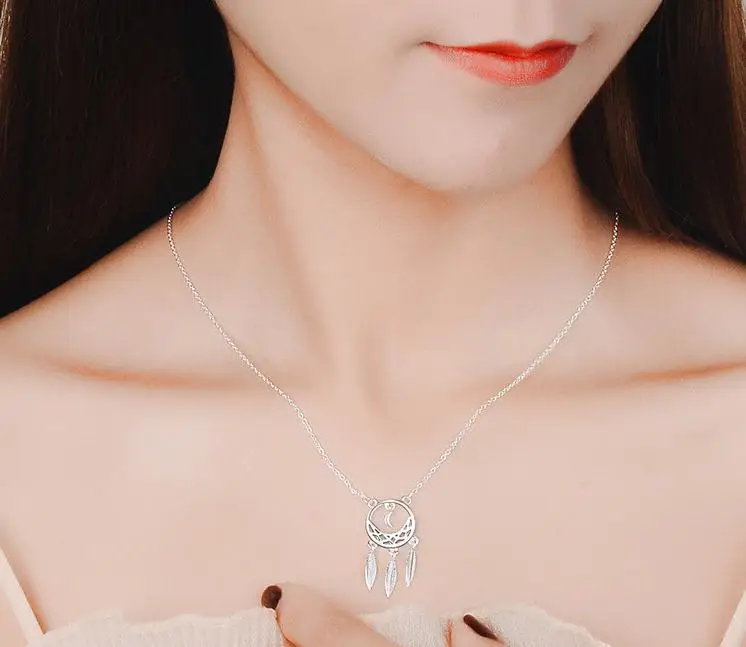 Ожерелье Ловец снов из серебра 925 пробы листья короткая цепочка на ключицы