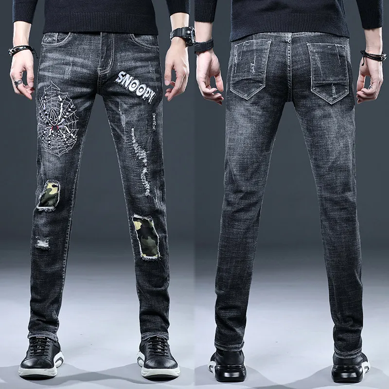

Autumn winter 2021 embroidered jeans men's print black casual pants youth Korean trend slim pencil pants for men