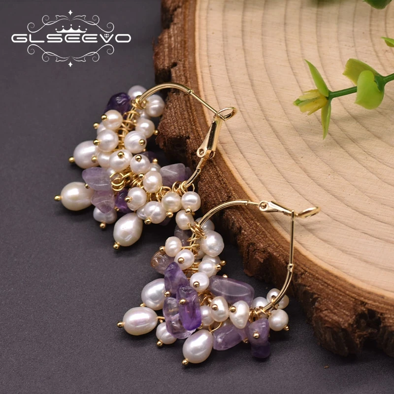 GLSEEVO ручная работа Пресноводный жемчуг серьги Свадебная вечеринка аметист для
