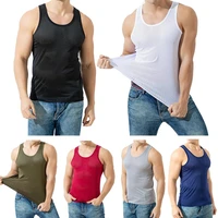 men sporty sleeveless o neck solid color mesh see through top slim workout vest