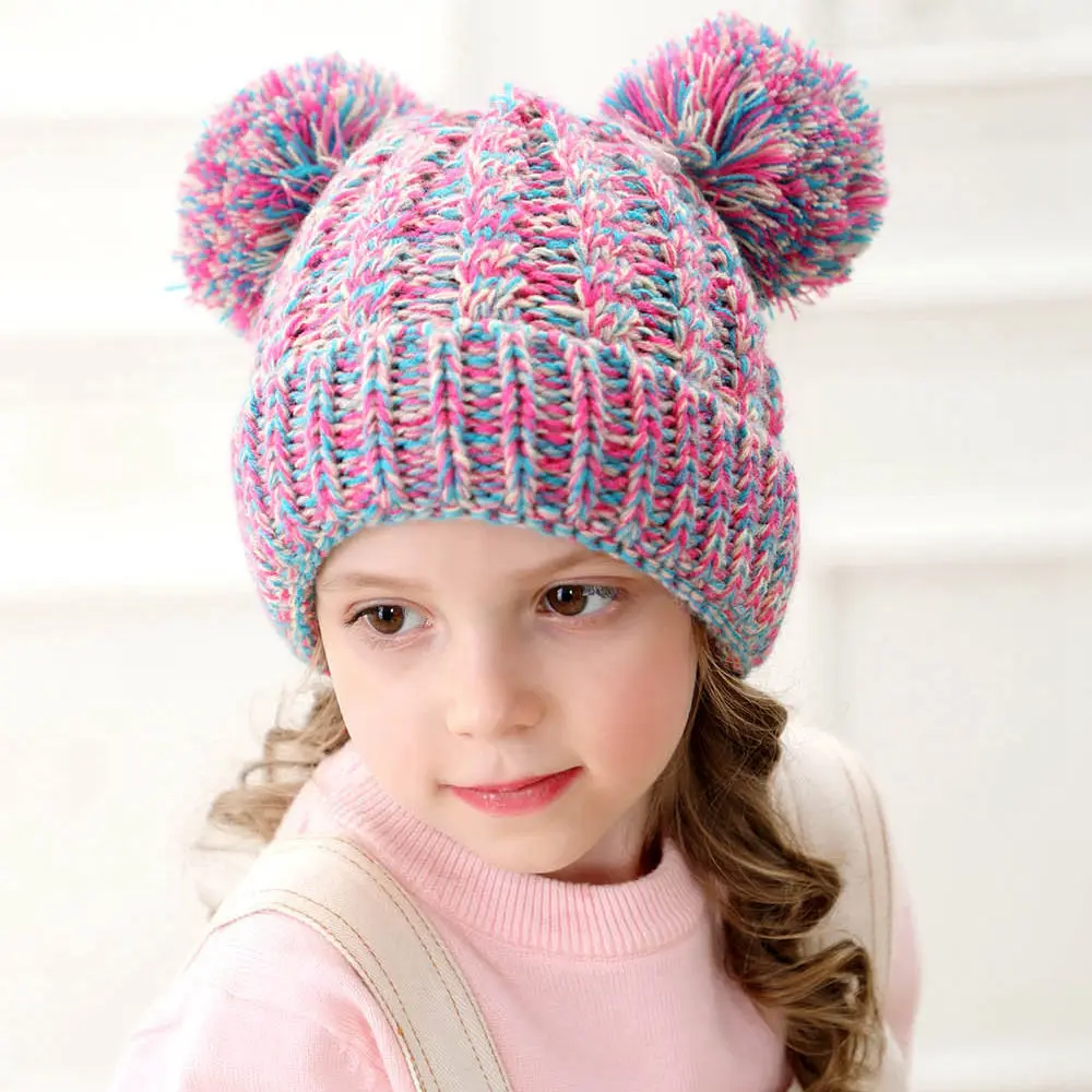 

Теплая вязаная шапка для девочек, зимняя шапка с помпоном для детей, детская вязаная шапочка, зимние вязаные шапки, однотонные теплые милые ...
