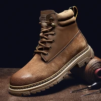 fashion high end leather mens martin boots casual non slip work boots high top motorcycle boots lace up brown handmade boots