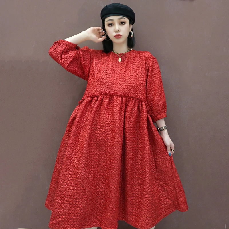 

SHENGPLLAE Elegant Temperament Dress Women's Spring 2021 New Round Neck Loose Crumple Patchwork Half Sleeve Mid-calf Dresses