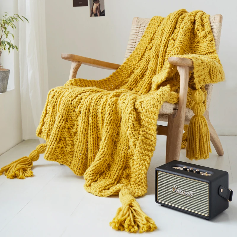 

Handmade Blanket Knit Throw Blanket Tassels Fringe Blanket Travel 130x160cm Home Sofa Chair Couch Bed Sofa 50"x62" Yellow Pink