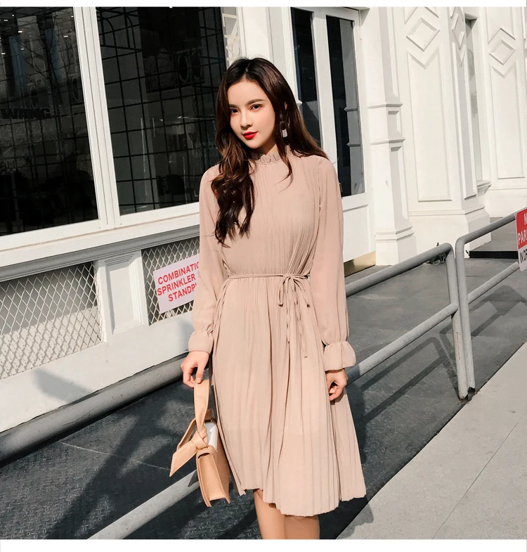 

Women Two layers chiffon pleated dress 2020 spring summer female vintage elegant long sleeve loose casual office lady dress