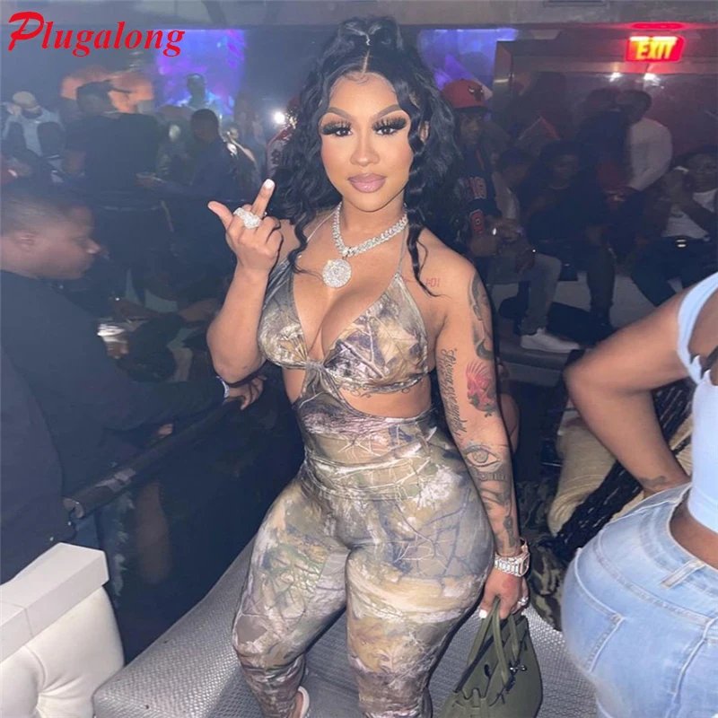 

Женский комбинезон с принтом Plugalong, с лямкой через шею и вырезом, сексуальные Клубные наряды для женщин, боди с глубоким V-образным вырезом, о...