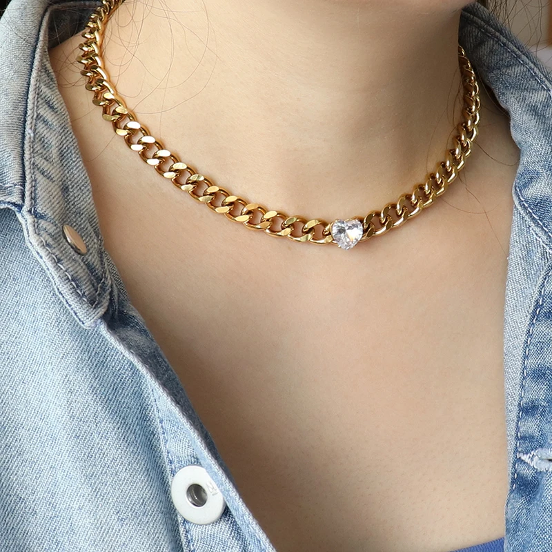 

Толстая цепь из нержавеющей стали, массивное ожерелье, чокер в стиле панк, кубинская цепь, роскошное ожерелье с подвеской в форме сердца, мод...