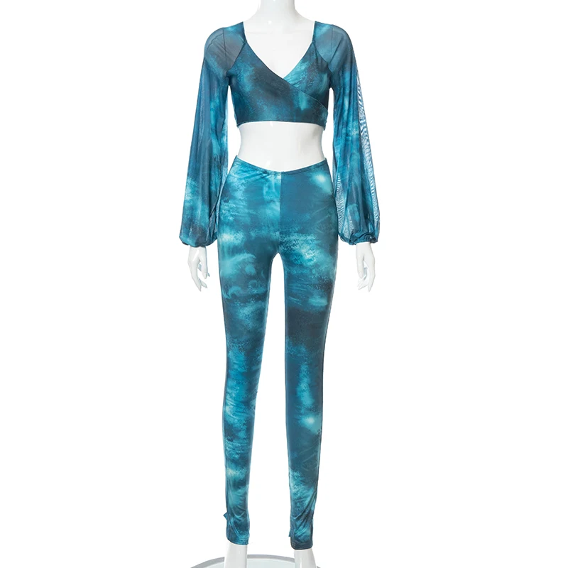 

Women Mesh Patchwork Puff Long Sleeve V Neck Crop Top+Skinny Split Pants Tie Dyed Two Piece Set 2021 Summer Fairy Grunge Outfits