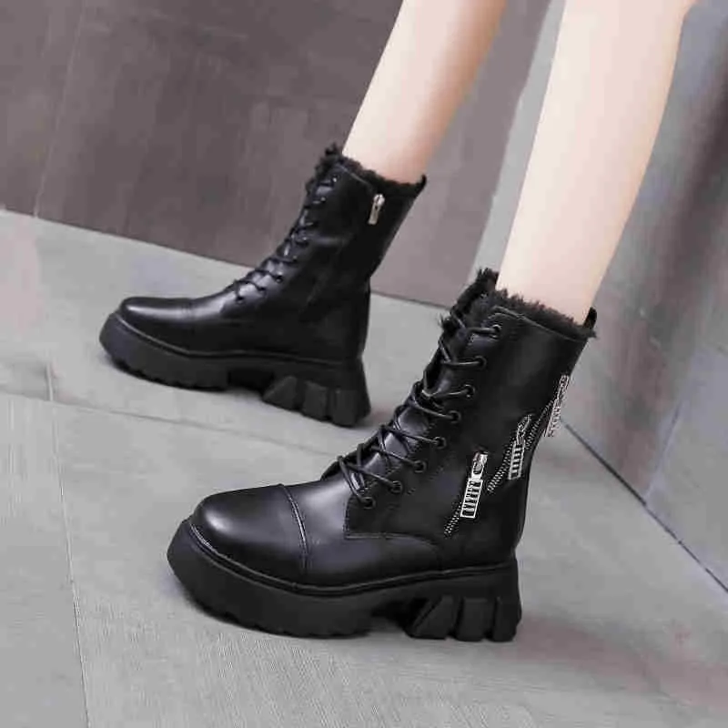 

New style women's ankle boots leather winter shoes fashionable cool shoes ladies 2022 round toe Botines De Mujer square heel