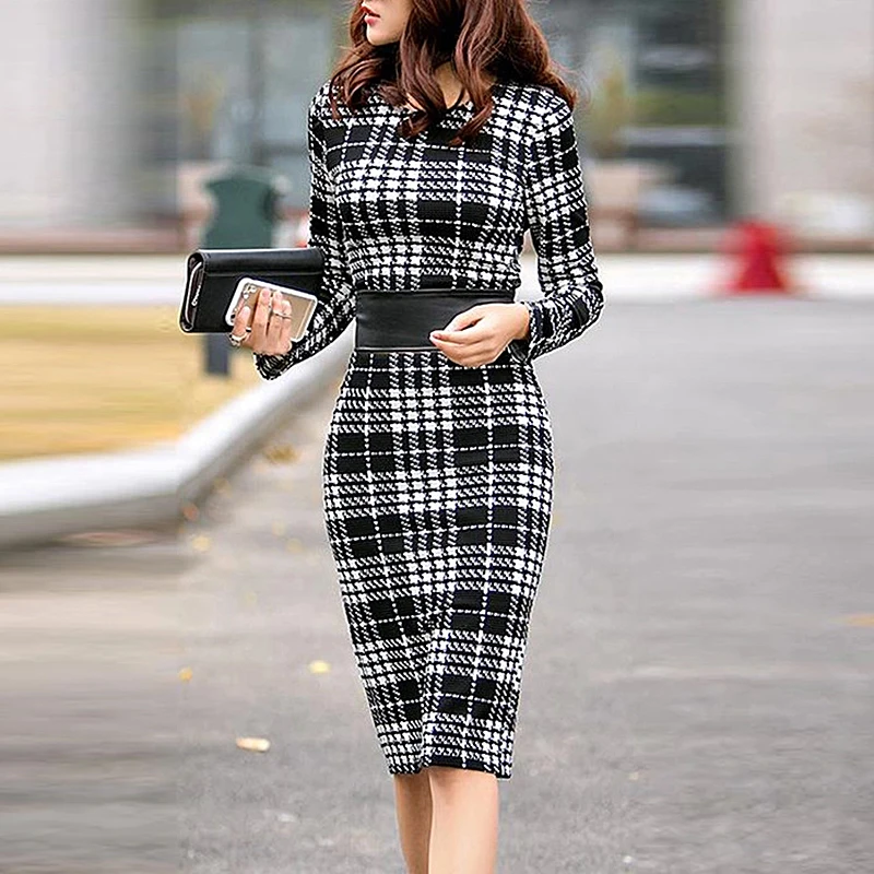 

Spring Long Sleeve Black White Plaid Dress Women Elegant Ladies Office Dresses Vintage O Neck Knee-length Dress Party Vestido