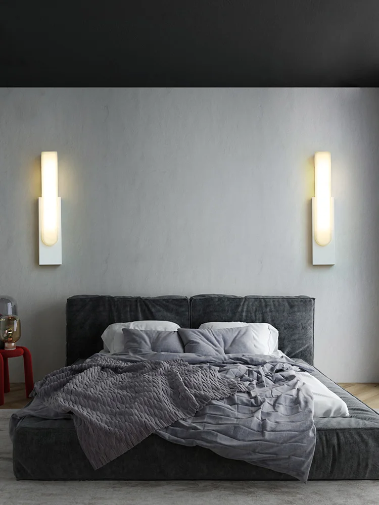 

Nordic wall lamp marble simple bedroom bedside lamp aisle minimalist led living room background wall rectangular lamp