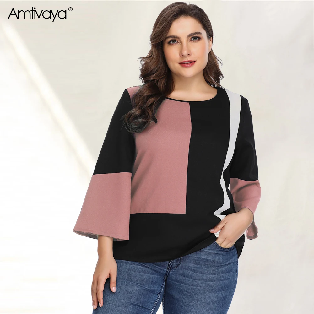 

Amtivaya Блузка Весна 2020 Новый розовый черный Цвет блок размера плюс, повседневные женские топ с круглым вырезом, рубашка с длинными рукавами Но...