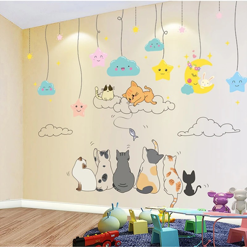 

[shijuekongjian] Cartoon Cats Animals Wall Sticker DIY Stars Clouds Mural Decals for Kids Room Baby Bedroom House Decoration