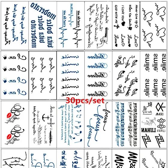

30pcs/set Tatouage Temporaire Sexy Words Letters Fake Tattoo Women Men Long Lasting Waterproof Tatuajes Temporales Body Art