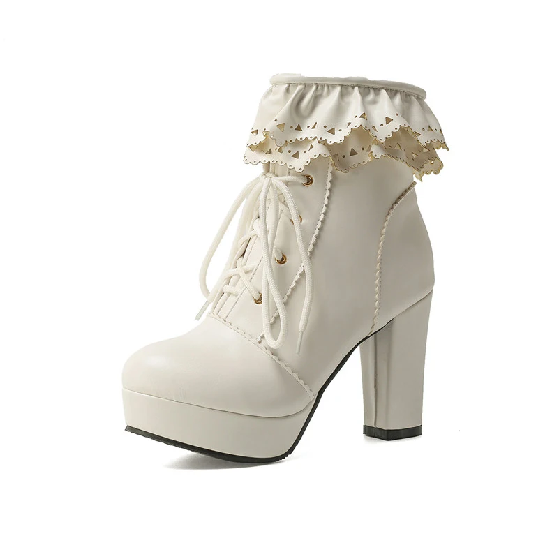 

ANNYMOLI Super High Heel Ankle Boots Woman Boots Platform Zip Block Heel Shoes Ruffle Lace Up Female Short Boots White Size 46