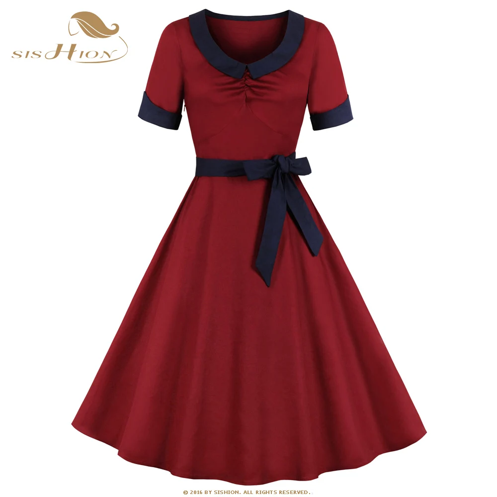 

SISHION/винтажное платье с коротким рукавом VD1434 ropa mujer винно-красное зеленое женское хлопковое летнее платье с поясом femme robe