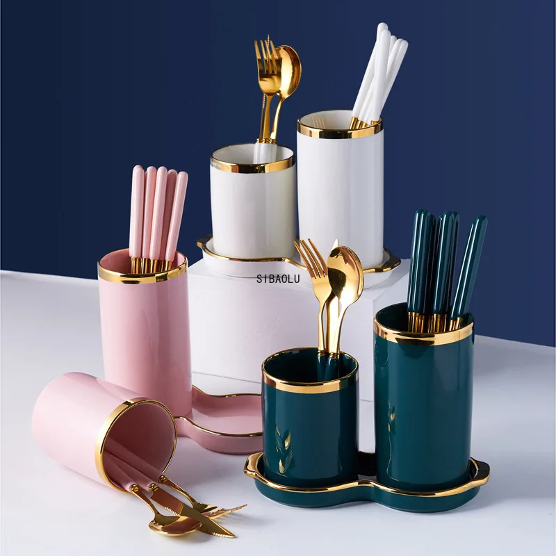 

Nordic Ins Wind Ceramic Chopstick Holder Household Double Drain Chopsticks Basket Knife Fork Spoon ChopsticksCage Storage Bucket