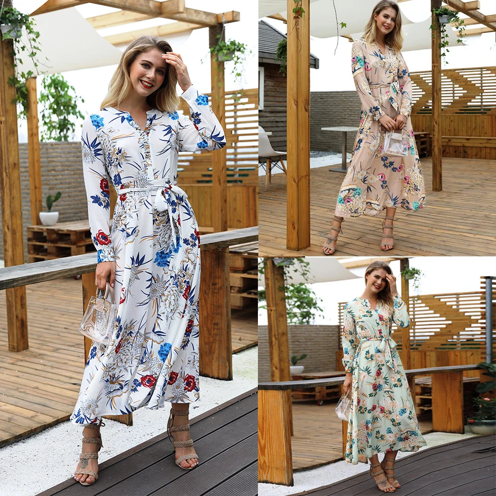 2019 летние новые женские платья праздничные цветочные печати V шеи с длинным