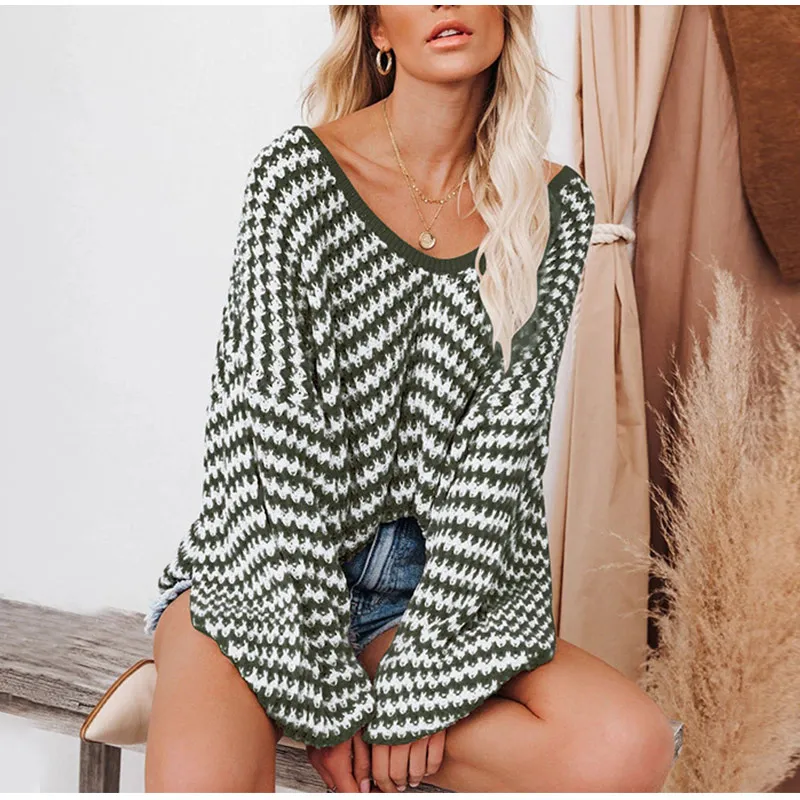 

Batwing Sleeve Women's Sweater Striped Knitted V-neck Autumn Winter Ladies Pullover Loose Fashion Top Female Sexy Women Sweaters