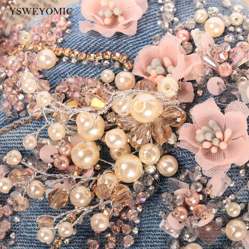 2021 Performance Costume Handmade Floral Beads Bustier Party Night Club Shiny Crop Top Denim Tank Tops Jeans Vest Bra For Stage