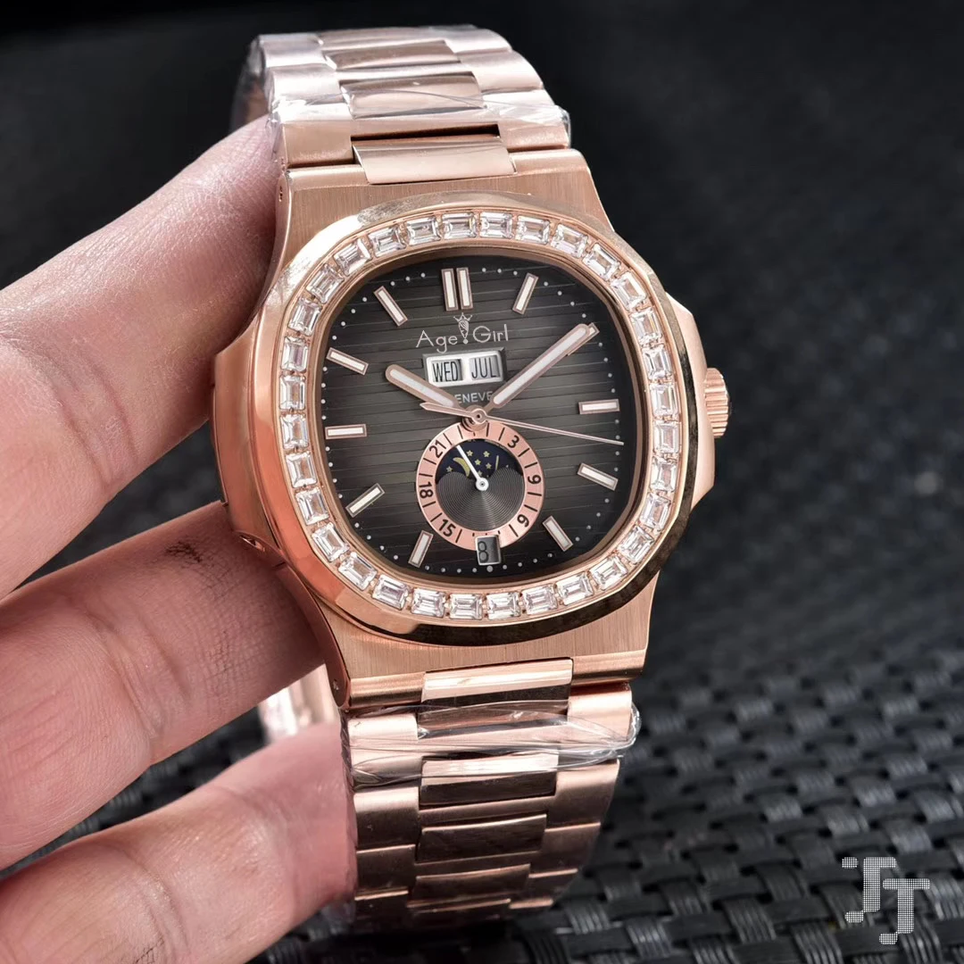 

Classic New Men Automatic Mechanical Watch Stainless Steel Moonphase Daydate Sapphire Rose Gold Diamond Dual Time Zone AAA+