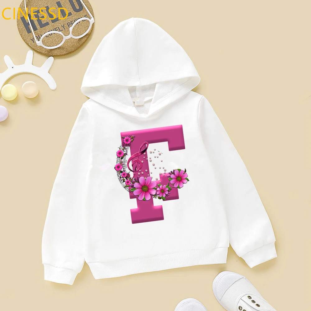 

Vogue Pink Alphabet F Letter Print Cap Hoodies Kids Clothes Birthday Gift Sweatshirt Girls Harajuku Kawaii Children Clothing