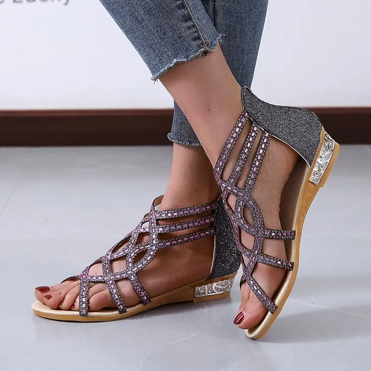 

2021 summer new Roman Sandals water drill high top hollow rivet round head flat bottom back zipper women's shoes slippers