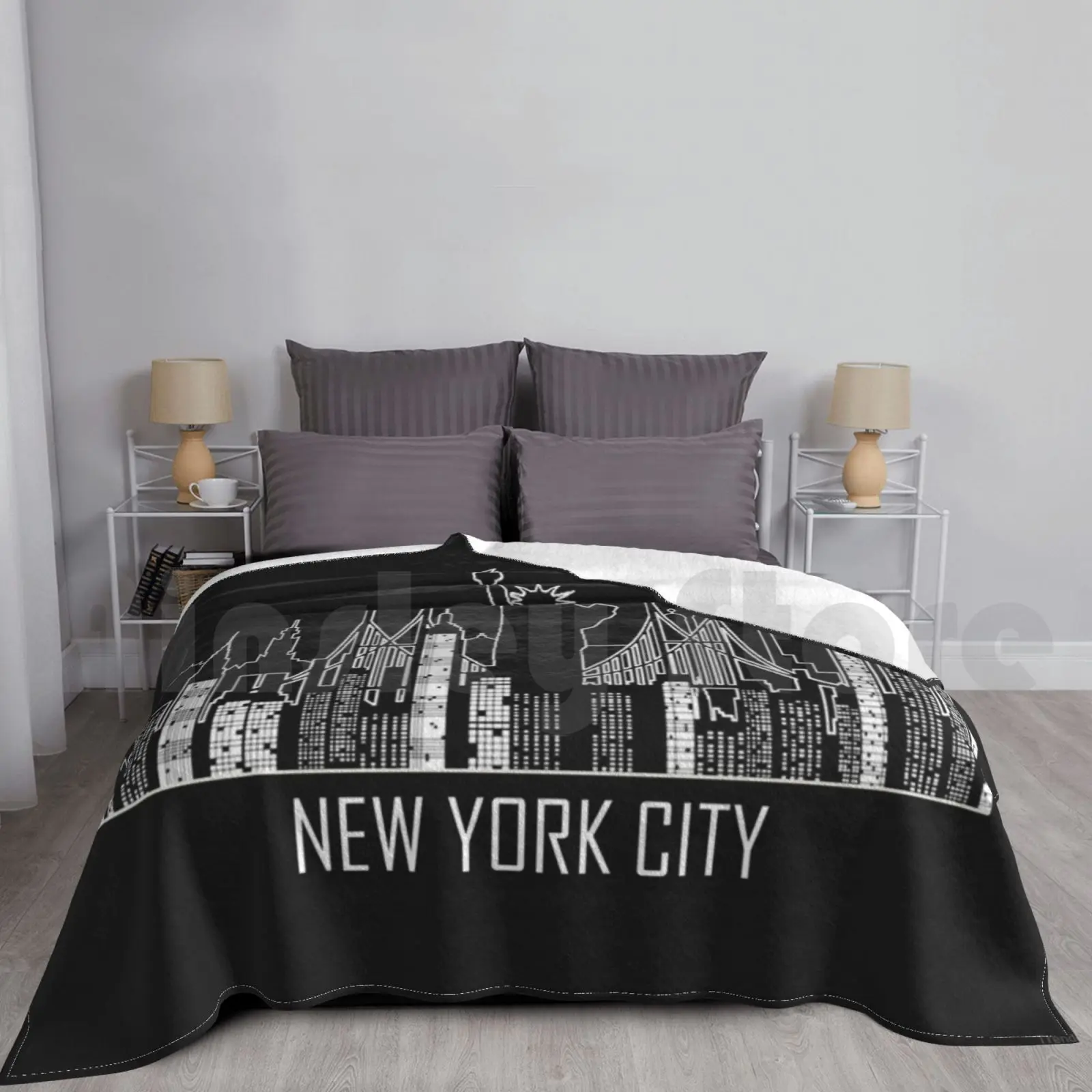 

New York City Skyline Silhouette With Statue Of Liberty Usa United States Of America Blanket For Sofa Bed Travel